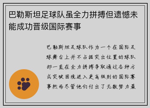 巴勒斯坦足球队虽全力拼搏但遗憾未能成功晋级国际赛事