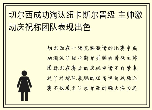 切尔西成功淘汰纽卡斯尔晋级 主帅激动庆祝称团队表现出色
