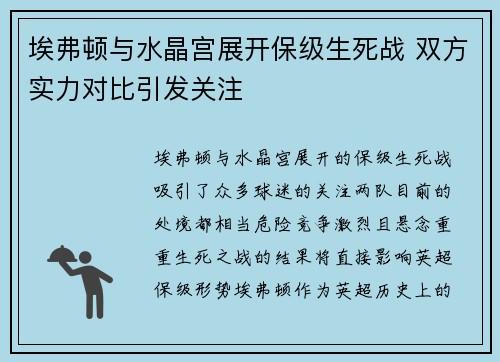 埃弗顿与水晶宫展开保级生死战 双方实力对比引发关注