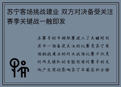 苏宁客场挑战建业 双方对决备受关注赛季关键战一触即发