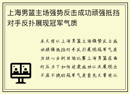 上海男篮主场强势反击成功顽强抵挡对手反扑展现冠军气质